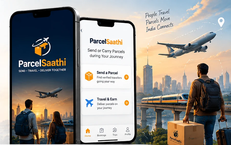 ParcelSaathi mobile app concept with travellers, parcels, a train and an airplane